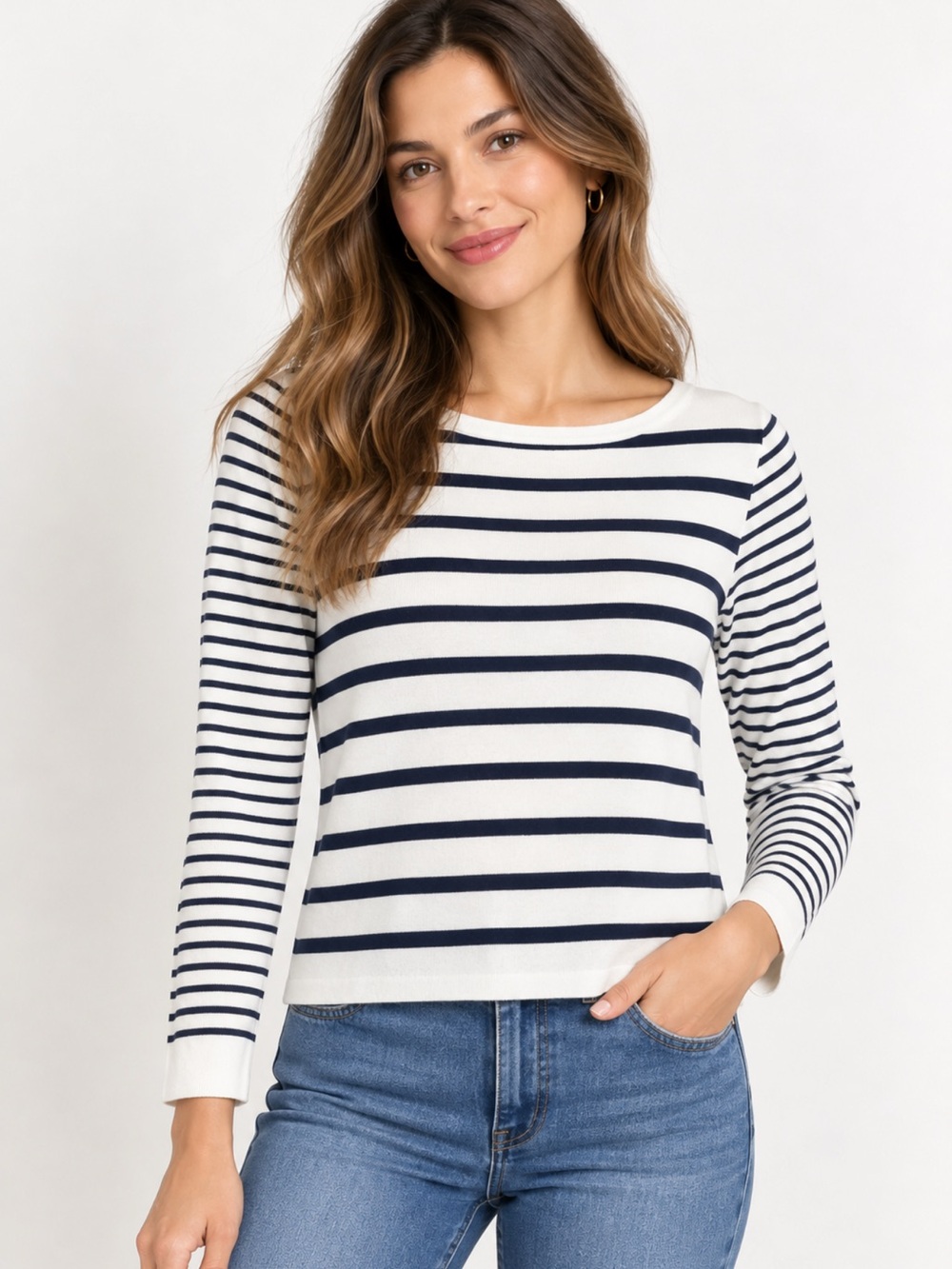 J. Crew 100% Cotton White and Black Striped Long-Sleeve Tee